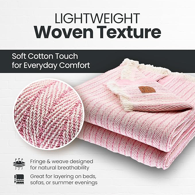 Gold Case Throw Blanket for Couch - 100% Recycled Turkish Cotton Blankets & Throws - Vintage Soft Throw Blankets for Living Room - Boho Decorative Woven Couch Blanket - 50x60 - Pink (Set of 2)