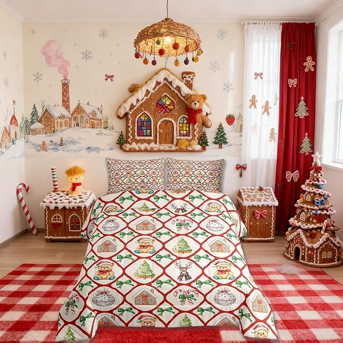 Merry Christmas Kids Bedding Set King Size,Kawaii Bowknot Cartoon Xmas Bear Comforter Set,Pine Tree Geometric Lattice Quilt Comforter,Beige Red Green Bedroom Duvet Insert,2 Pillowcases
