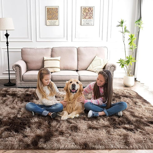 8x10 Shag Area Rug - Fluffy Fuzzy Nursery Kids Girls Room Rug - Soft Plush Furry Bedside Carpet- Tie-Dyed Brown