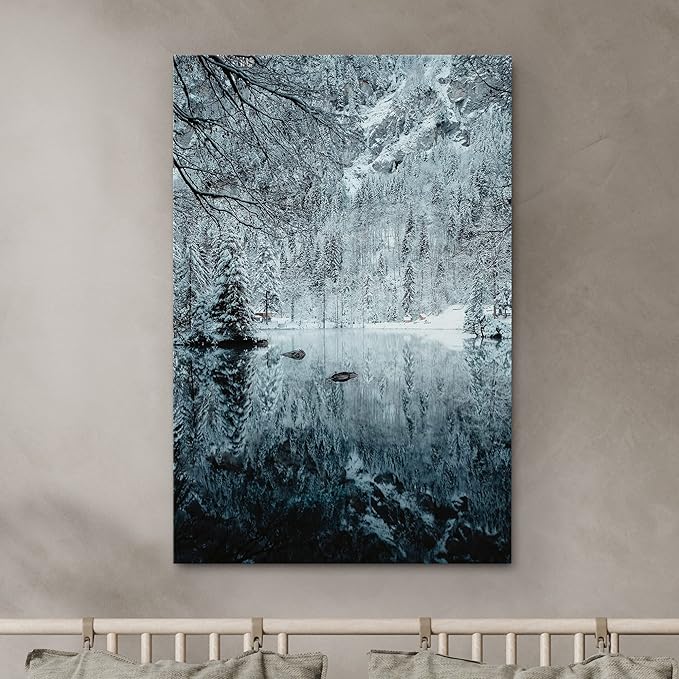 SIGNWIN Canvas Wall Art Woodland Nursery Decor Magical Winter Reflection Lake Nature Forest Photography Realism Rustic Scenic Dramatic Multicolor Cool for Living Room - 32"x48" inches
