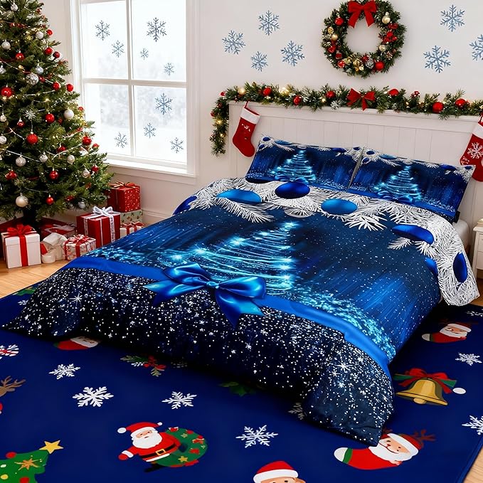 Merry Christmas Kids Comforter Set King Size,Snowflake Christmas Tree Bowknot Bedding Set,Girls Boys Adults Xmas Decor,Blue Gradient Line Glitter Down Comforter,Romantic Duvet Insert,2 Pillowcases