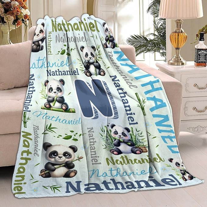 Personalized Custom Panda Blanket Gifts for Kids Boys Girls with Name - Customized Panda Super Soft Lightweight Flannel Sheets Decor for Crib Nap Couch - 90"x120" for Whole Family