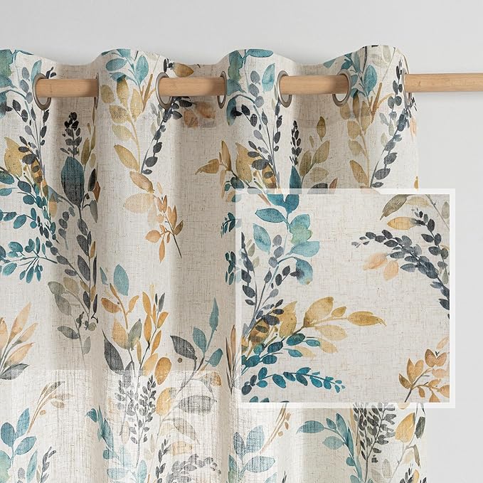 MYSKY HOME 95 Inch Curtains Semi Sheer Linen Blended Window Curtain Panels for Living Room Light Filtering Privacy Protect Drapes Set Leaf Style Texture Soft Touch, 52" x 95", Yellow and Blue, 2 Pcs