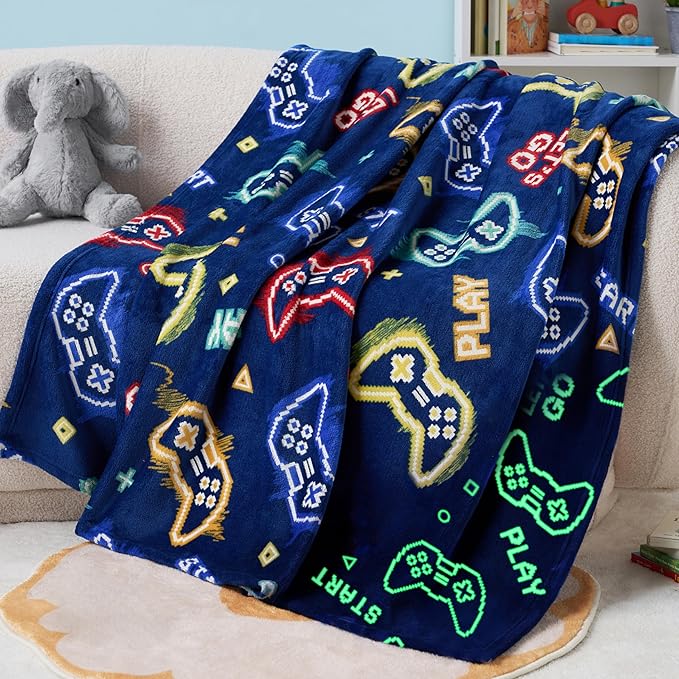 Joiedomi Glow in The Dark Gaming Blanket Gamer Gifts for Boys Age 2 3 4 5 6 7 8 9 10 11 12 Year Old, Soft Cozy Flannel Kids Throw Blanket, Birthday Bedroom Decor Dark Blue 50"×60"
