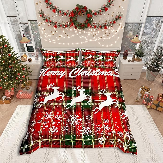 Manfei Christmas Duvet Cover Set Twin Size, White Deer and Snowflake Print Comforter Cover with 1 Pillowcase, Red Plaid Print Bedding Set 2pcs for Kids Boys Girls Bedroom Decor,No Comforter