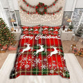 Manfei Christmas Duvet Cover Set King Size, White Deer and Snowflake Print Comforter Cover with 2 Pillowcases, Red Plaid Print Bedding Set 3pcs for Kids Boys Girls Bedroom Decor,No Comforter