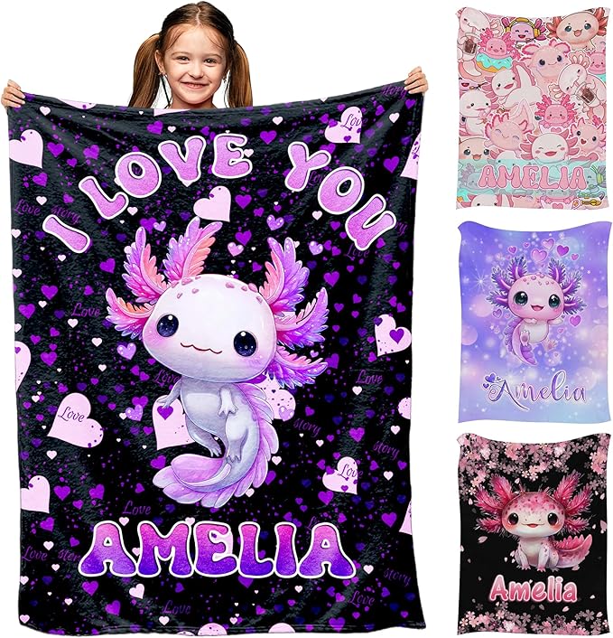 Ship Next Day, Custom Baby Blanket with Name for Girls Boys, Cute Axolotl Flannel Blankets- Printed in USA, Personalized Name Blankets for Kids Teens, Christmas Birthday Blanket Gifts for Daughter Son