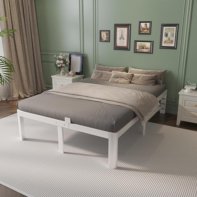Full Size Bed Frame 16 Inch White, Metal Full Bed Frame with Baffles, No Box Spring Needed, Heavy Duty Steel Platform Supprt, Rounded Corner Design, Reserved Holes, Noiseless, Storage Space