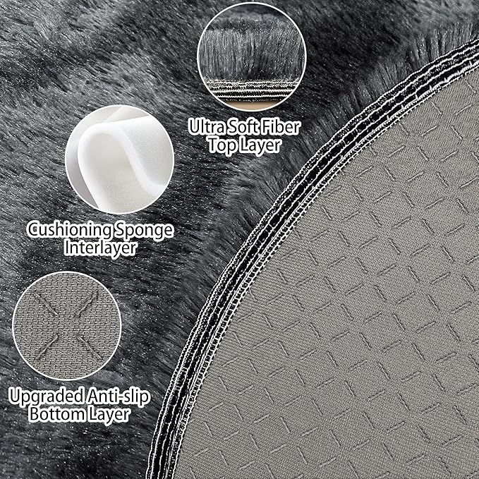 4 ft Round Fluffy Black Rug for Bedroom,Tie Dyed Furry Round Carpet Non Slip Fuzzy Shaggy Plush Circle Area Rug for Living Room Teen's Room Nursery Room Playroom Kids Room Home Decor Washable