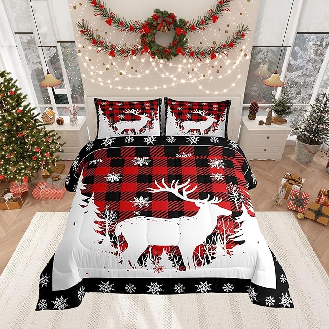 Manfei Christmas Comforter Set King Size, Xmas Deer Tree Snowflake Print Bedding Set 3pcs for Kids Boys Girls Bedroom Decor, Black Red Plaid Print Quilt Set with 2 Pillowcases
