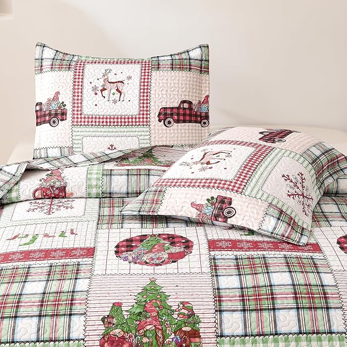 Christmas Bedding Set Twin Christmas Quilt Bedspread Xmas Coverlet,Red Green Plaid Patchwork Christmas Quilt Bedding Holiday Christmas Quilt Bedspread Lightweight Reversible Gnome Christmas Decor Gift