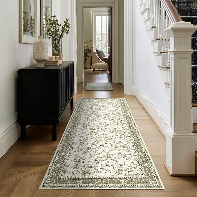 Beige Tan Neutral Boho Washable 3x8 Extra Long Hallway Runner Rug, Extra Large Kitchen Floor Rug Indoor Entryway Non-Slip Low Pile Machine Washable, Farmhouse Light Taupe Pattern Floral Design