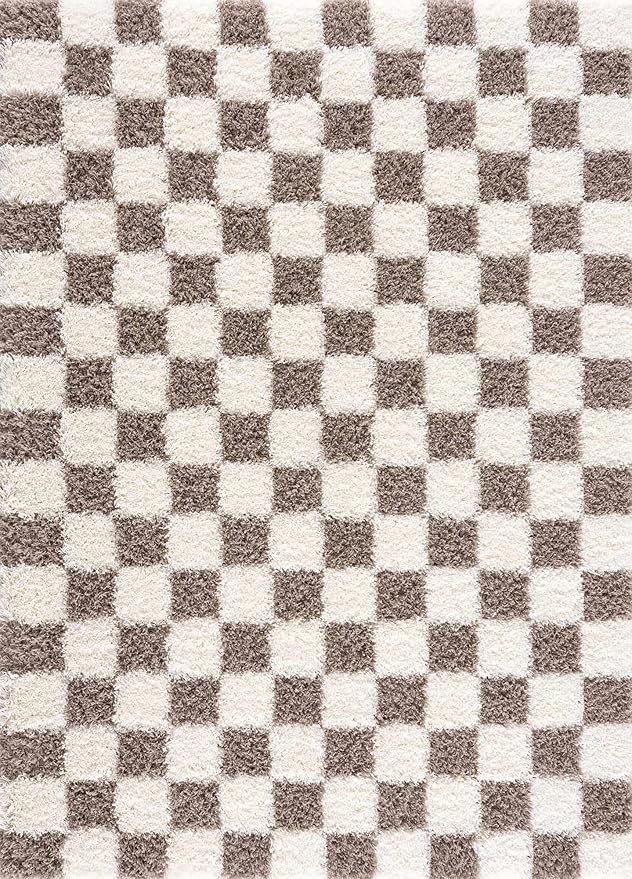 BoutiqueRugs Atira Modern Checkered Shag Runner Rug - High Pile Fluffy Shaggy Carpet for Hallway, Kitchen, Nursery, Playroom - Brown, Cream, White, Taupe - 2'7" x 10' (2x10)