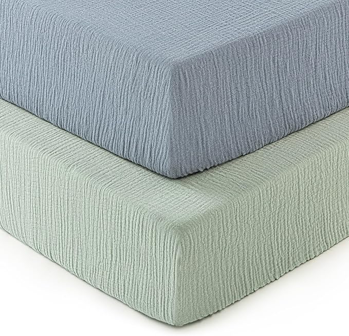 david's kids Muslin Crib Sheets for Boys Girls, 2 Pack 100% Cotton Soft Breathable Fitted Baby Neutral Sheet Set, Standard 52"x28" Crib and Toddler Mattress, Sage Green & Dusty Blue