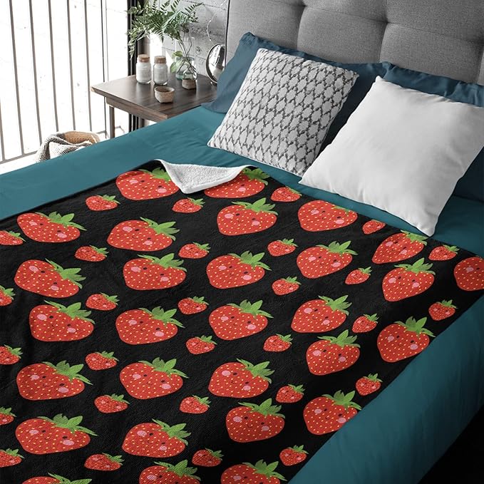 Thuswarm Cute Strawberry Kawaii Black Flannel Throw Blanket Warm Cozy Soft Funny Print Blankets for Bed Couch Sofa Room Decoration Gifts 40”×30” XSmall for Pets