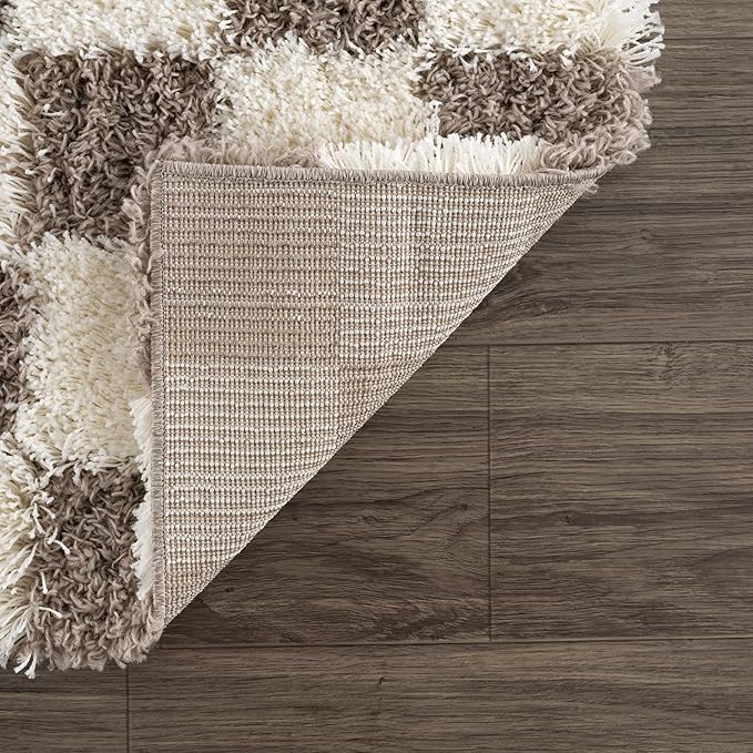 Hauteloom Atira Contemporary Checkered Fluffy Shag Area Rug - Modern Geometric Carpet Tiles for Living Room, Kids Room, Nursery - Plush Pile - Brown, Cream, White - 7'10" x 10'3"