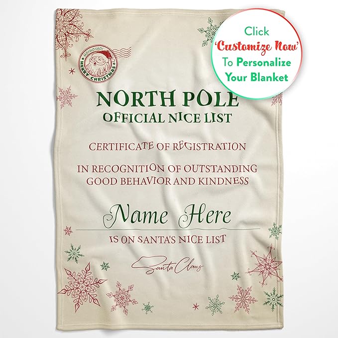 Custom Christmas Blanket, Santa’s Nice List - Ships Next Day, Printed in USA - Warm Fleece or Sherpa Sofa Throw, Cute Holiday Décor - Customizable Family Throws (Sherpa 60x80)