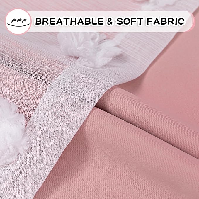MYSKY HOME Pink Curtains for Girls Bedroom 54 Inches Long Kids Curtain with White Pom Pom Sheer Short Curtains for Windows 2 Layered Drapes Grommet Room Darkening Nursey Curtain, 2 Panels, W52 X L54