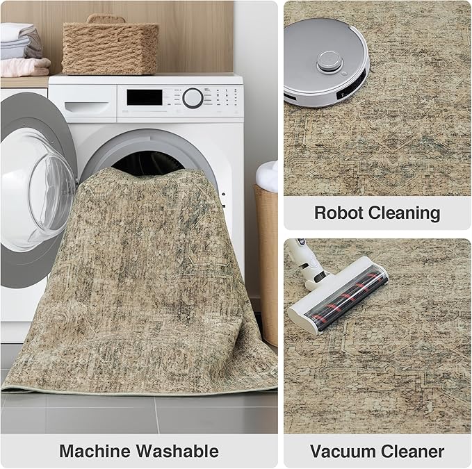 FMFUNCTEX 2x5 Washable Runner Rug Brown Vintage Neutral Distressed Oriental Non Slip Low Pile Indoor Carpet Retro Hallway Entryway Rug for Kitchen Living Room Bedroom Bathroom Laundry Entry Bedside