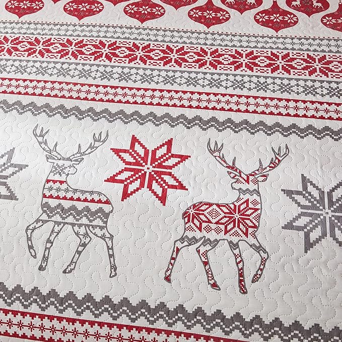 Jessy Home Christmas Quilt Set King Size Bedding Xmas Bedspread Coverlet Holiday Deer Snowflake Decor Soft Lightweight Bedding,Red White