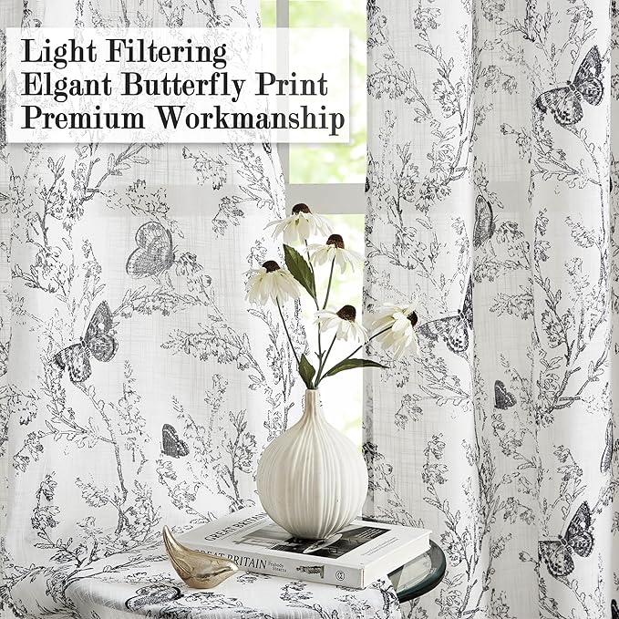 Jubilantex Butterfly Leaf Semi Sheer Curtains 63" L Curtain Panels for Kids Bedroom,Black Print on White Light Filtering Drapes,Grommet Top,2 Panels