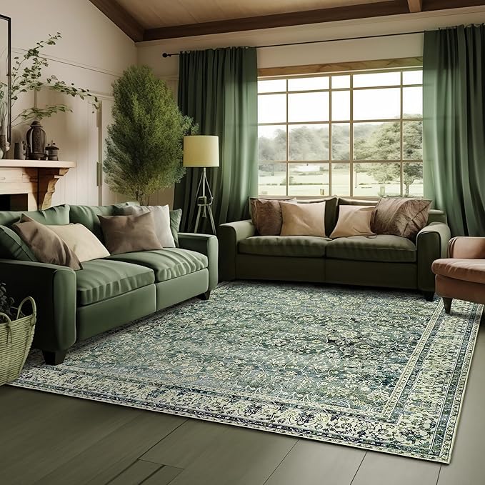 6x9 Area Rugs Washable Rugs for Bedroom,Faux Wool Moody Floral Boho Vintage Oriental Indoor Carpet for Living Room,Hunter Forest Green