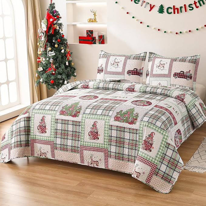 Christmas Bedding Set Queen Quilt Bedspread Coverlet,Plaid Patchwork Christmas Quilt Bedding Holiday Xmas Bedspread Lightweight Reversible Gnome Santa Claus Home Festival Decor