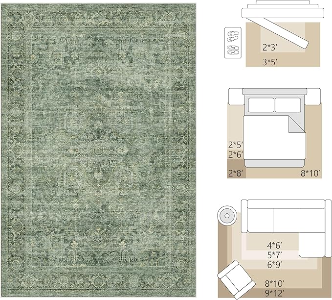 FMFUNCTEX 6x9 Washable Area Rug Green Vintage Neutral Distressed Oriental Large Non Slip Carpet for Living Room Bedroom Soft Low Pile Indoor Mat Retro Throw Rug for Dining Room Kitchen Office Nursery