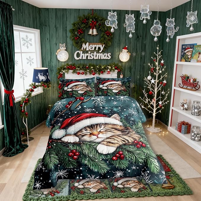 Cute Cat Kids Comforter Set Twin Size,Winter Holly Berry Snowflake Bedding Set Boy Girl Room Decor,Animal Merry Christmas Poinsettia Quilt Comforter,Dark Green Duvet Set Bedroom Quilt Set,1 Pillowcase