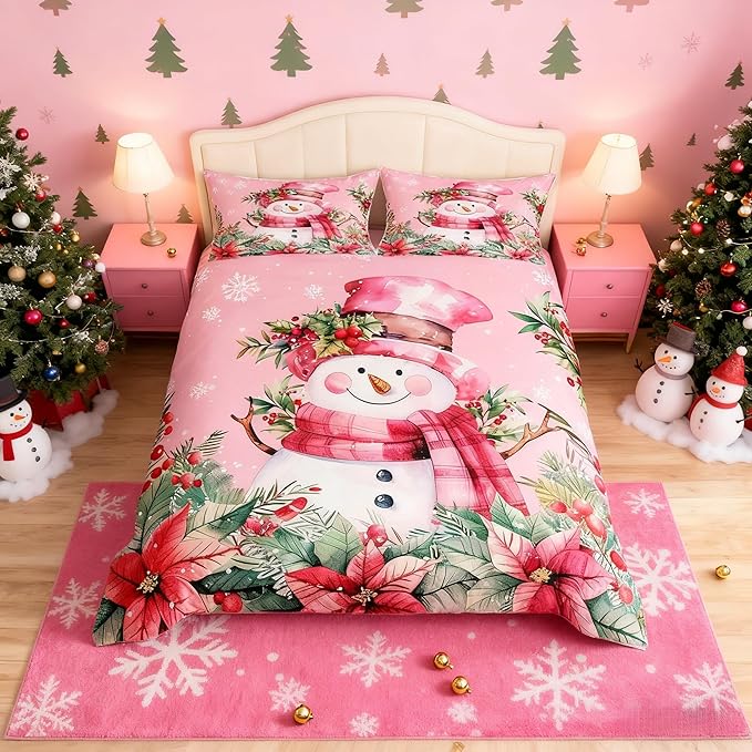 Manfei Xmas Snowman Duvet Cover Set King Size, Leaves Flower Snowflake Comforter Cover with 2 Pillowcases, Christmas Pink Bedding Set 3pcs for Kids Boys Girls Lightweight Bedspread Cover,No Comforter