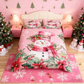 Manfei Xmas Snowman Duvet Cover Set Full Size, Leaves Flower Snowflake Comforter Cover with 2 Pillowcases, Christmas Pink Bedding Set 3pcs for Kids Boys Girls Lightweight Bedspread Cover,No Comforter