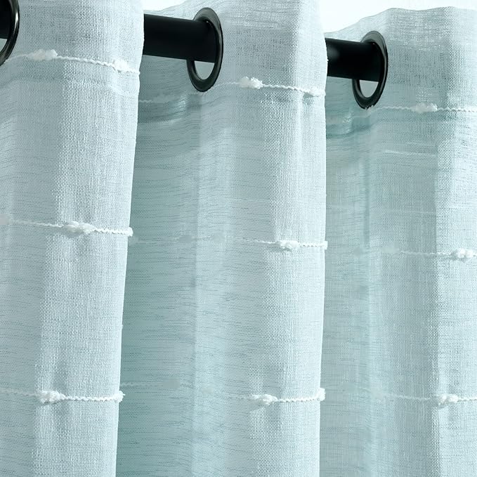 Lush Decor Farmhouse Textured Grommet Sheer Window Curtain Panel Pair, 38"W x 84"L, Blue
