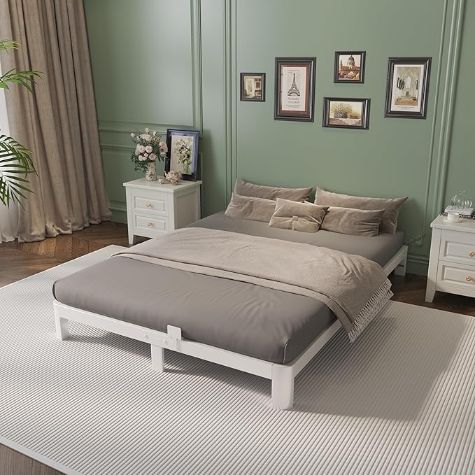 Queen Bed Frame 4 Inch White, Metal Bed Frame Queen Size with Baffles, No Box Spring Needed, Heavy Duty Steel Platform Support, Rounded Corner Design, Noise Free, Easy Assembly