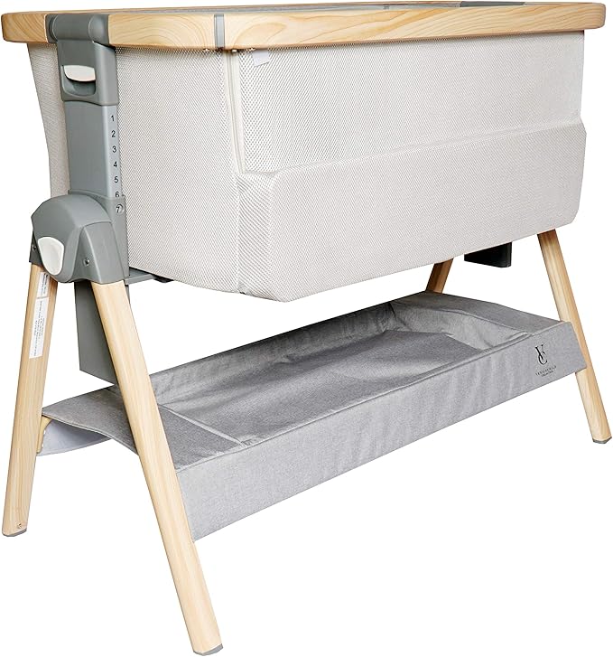 Venice Child California Dreaming Bedside Crib Bassinet w/Travel Case, Bamboo Bassinet Sheet, Removable Bamboo Compressed Cotton Mattress, Height Adjustable, Easy Clean - Grey
