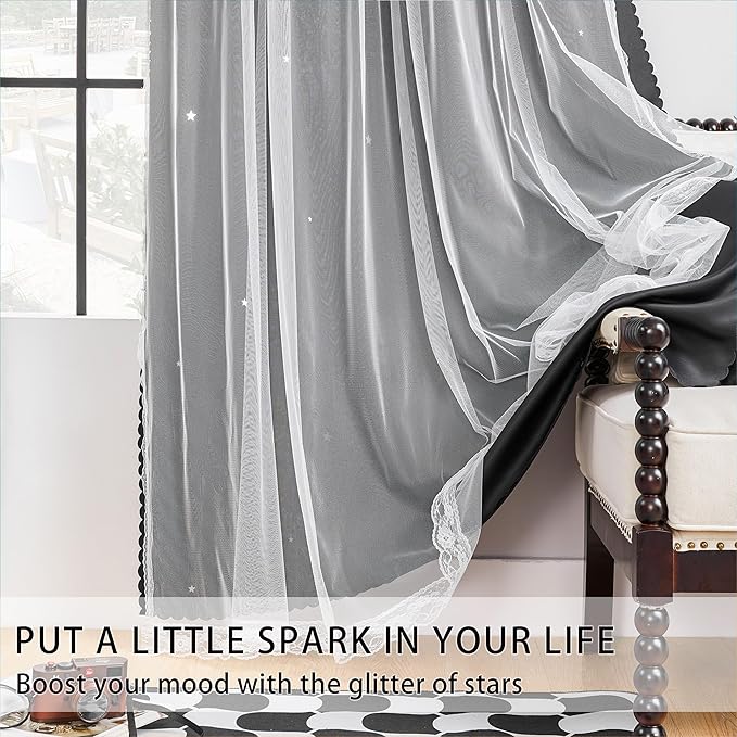 XiDi Black Curtains for Bedroom 2 Panel Set, Blackout Curtains for Girls Bedroom Decor, Star Hollow Out Drapes for Kids Room, Double Layer Window Treatment for Living Room 52x84 Inches Long