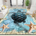 Nautical World Map Area Rug, 3x5ft, Coastal Sea Turtle Starfish Children's Rugs, Blue Ocean Themed Washable Dirty Resistant Mat, Soft Cozy Thin Easy Clean Mat for Floor Living Room