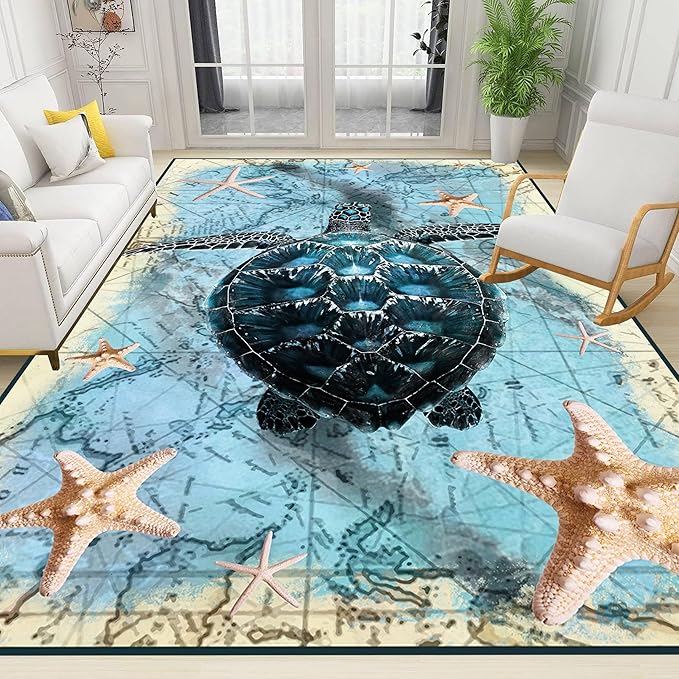 Nautical World Map Area Rug, 8x10ft, Coastal Sea Turtle Starfish Children's Rugs, Blue Ocean Themed Washable Dirty Resistant Mat, Soft Cozy Thin Easy Clean Mat for Floor Living Room