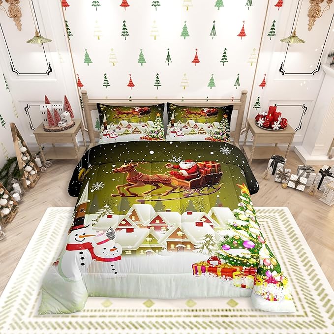 Manfei Christmas Comforter Set Full Size, Xmas Tree Snowman Quilt Set with 2 Pillowcases, Santa Claus with Deer Bedding Set 3pcs for Kids Boys Girls Room Decor New Year Theme Duvet Insert