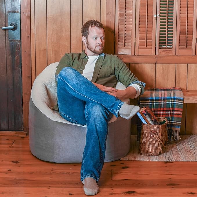Big Joe Milano Bean Bag Chair, Oat Sherpa and Graphite Vegan Suede, Soft Polyester, 2.5 feet