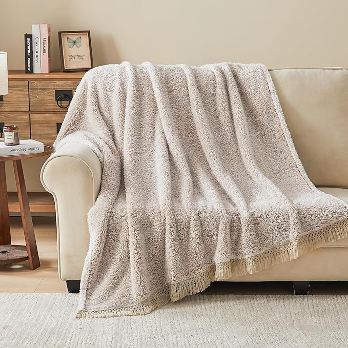 EMME Soft Sherpa Fleece Blanket with Tassel, Reversible Plush Fluffy Large Blanket, Light Weight Warm Decorative Boho Blanket Cover for Sofa, Couch, Bedroom,Travel(Tassel Khaki,90"x90")