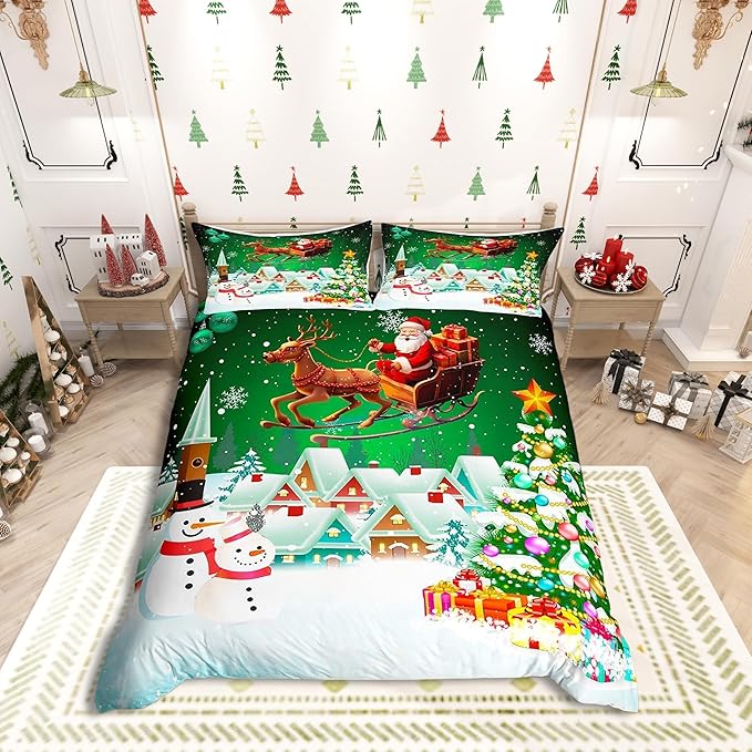 Manfei Christmas Duvet Cover Set King Size, Snowman Xmas Tree Comforter Cover with 2 Pillowcases, Santa Claus with Deer Bedding Set for Kids Boys Girls New Year Theme Bedspread Cover, No Comforter