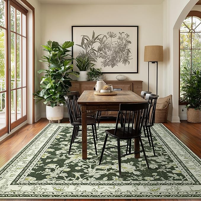 Olive Green Floral Print Area Rugs for Bedroom Living Room Boho Farmhouse Country Rustic Dining Room Carpet Soft Washable Rugs Non Slip Floor Covering for Nursery Playroom 7x9