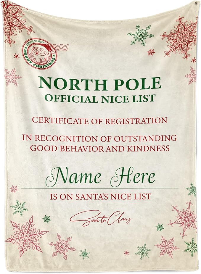 Custom Christmas Blanket, Santa’s Nice List - Ships Next Day, Printed in USA - Warm Fleece or Sherpa Sofa Throw, Cute Holiday Décor - Customizable Family Throws (Sherpa 60x80)