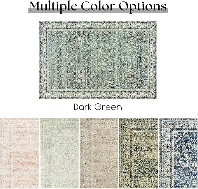 Dark Emerald Green Area Rugs 8x10 for Living Room,Washable Faux Wool Moody Floral Boho Vintage Oriental Indoor Large Carpet for Bedroom Under Bed Dining Room Under Table