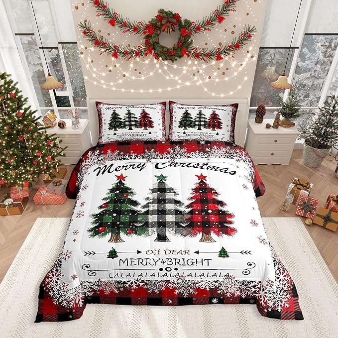 Christmas Comforter Set Twin Size, Red Plaid Xmas Trees Bedding Set 2pcs , Winter Snowflake New Year Reversible Down Comforter for All Season, Kids Boys Girls Room Decor, 1 Pillowcase, No Sheets
