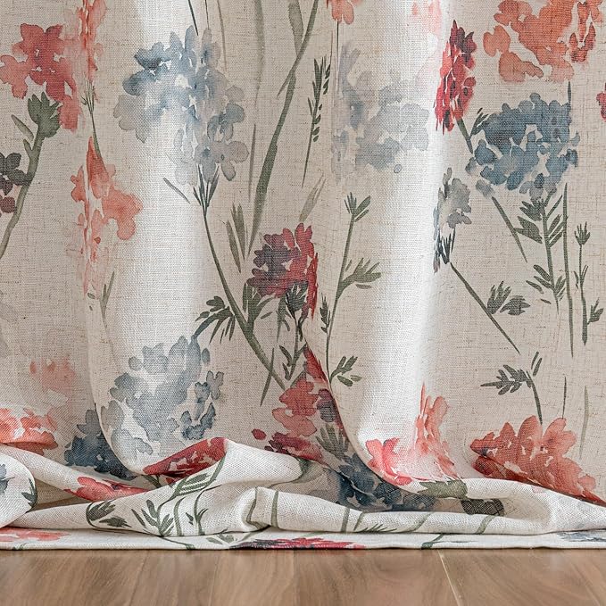 MYSKY HOME Linen Floral Curtains 84 inch Length 2 Panels Semi Sheer Light Filtering Privacy Protect Flower Patterned Drapes for Living Room Bedroom, 52" Wide, Red, Pack-2