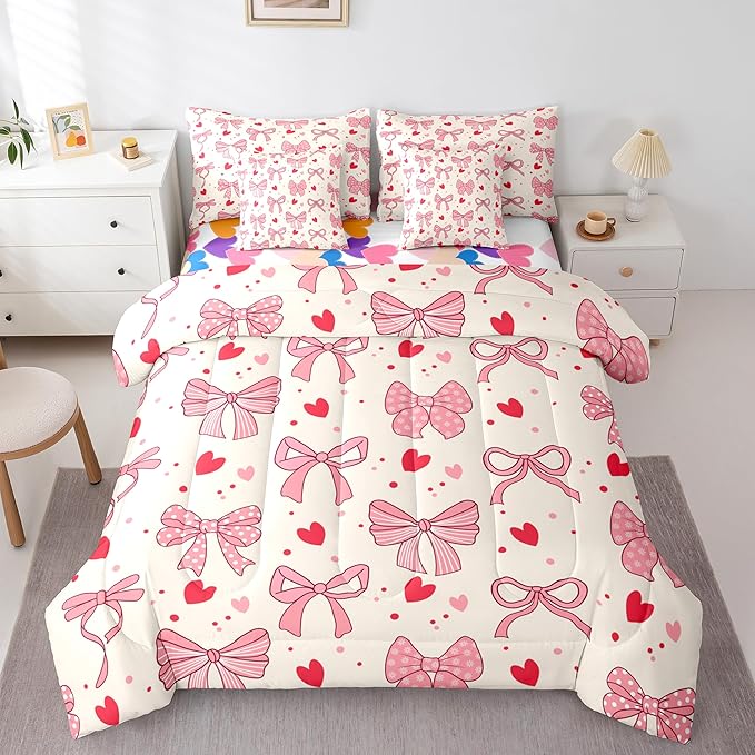 Pink Bowknot Bow Tie Kids Comforter King Size,Love Heart Dot Geometric Patchwork 7 Pcs Bedding Set,Stripe Snowflake Romantic Room Decor,Princess （Fitted+Sheet+2 Pillowcases+2 Throw Pillow Covers）