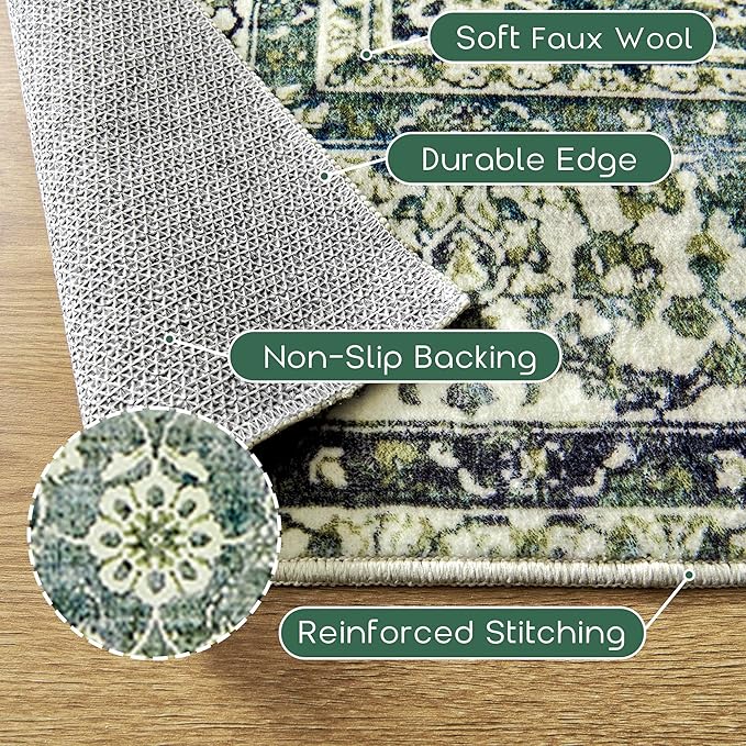 Dark Emerald Green Area Rugs 8x10 for Living Room,Washable Faux Wool Moody Floral Boho Vintage Oriental Indoor Large Carpet for Bedroom Under Bed Dining Room Under Table
