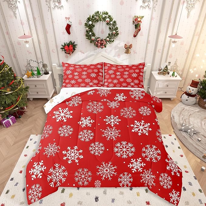 Feelyou Christmas Comforter Set All Season Winter Snowflake Bedding Set with 1 Pillow Cases Xmas Festival Microfiber Kids Toddler Bedclothes Snowflake Red Bedroom Decor Duvet Quilt Breathable Soft