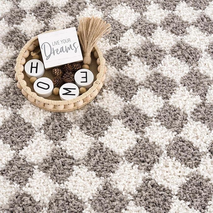 Hauteloom Kieu Contemporary Checkered Fluffy Shag Area Rug - Modern Geometric Soft Carpet Tiles for Living Room, Kids Room, Nursery - Gray, Light Grey, White - 5'3" x 7'